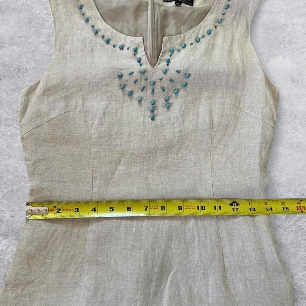 Dual View Beige Linen Beaded Sleeveless Midi Sheath Dress Turquoise Beading‎ - Picture 7 of 8